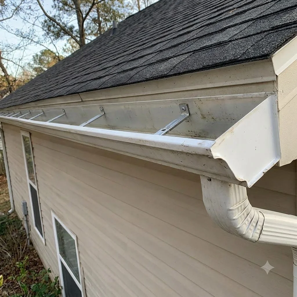 A cleared gutter run with a clean trough, shot from the ground