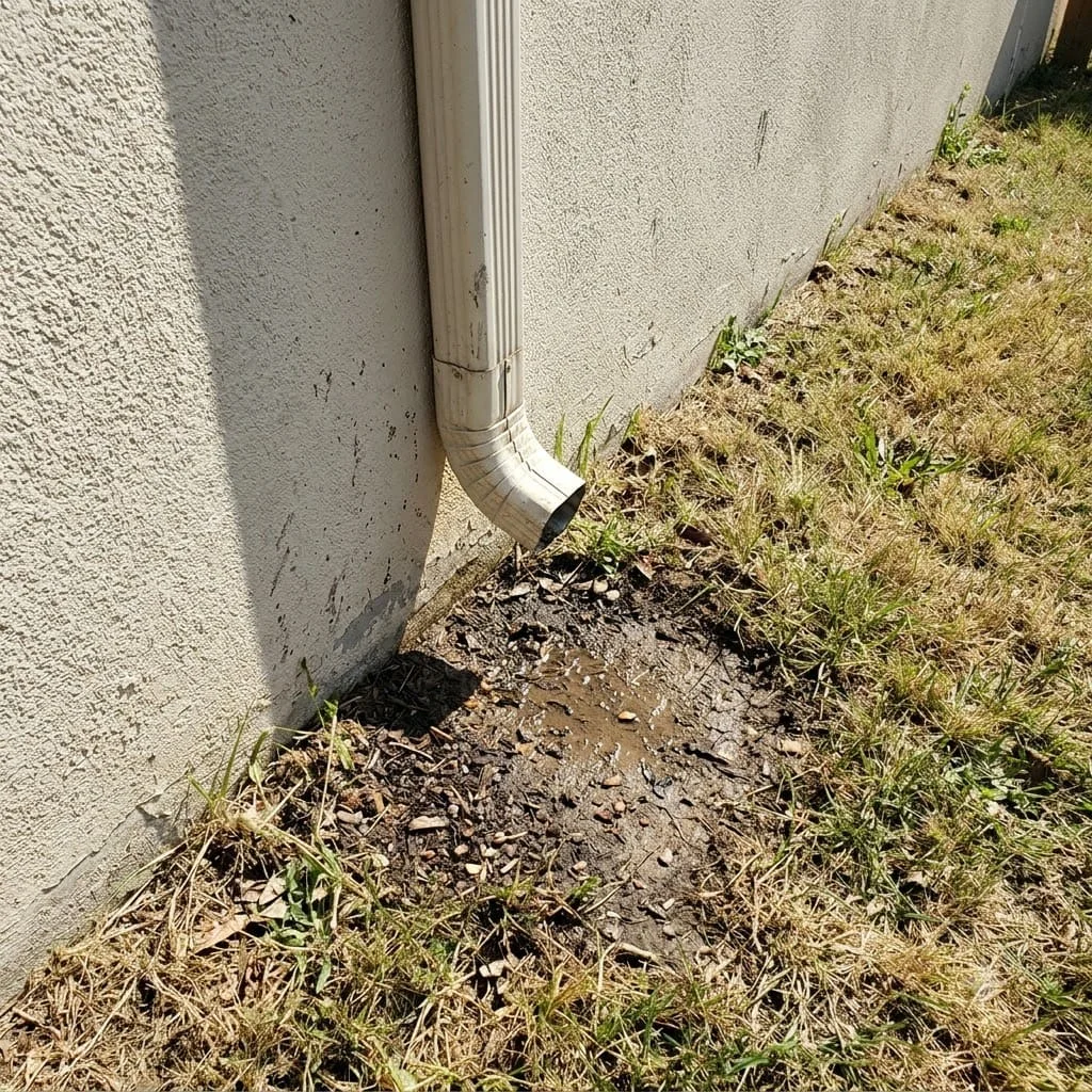 A downspout outlet at the foot of a stucco wall