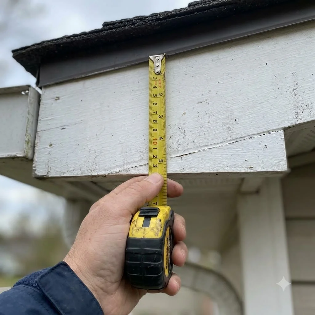 A hand holding a tape measure against a fascia board at the roof edge